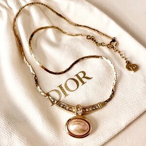 Dior Gold Pearl Crystal Necklace Vintage Signed